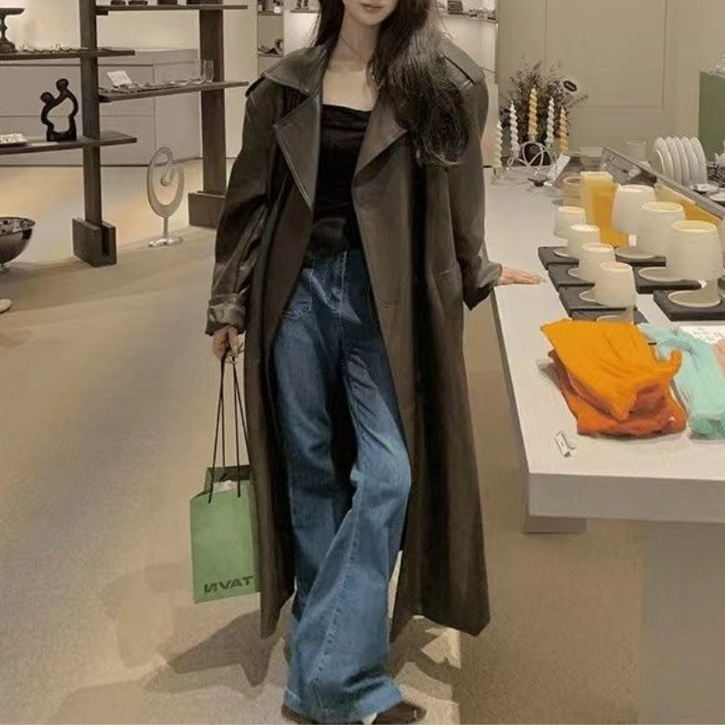 Women Trench Korean Style Mid-Length Leather Windbreaker Coat – Quilted Casual Jacket