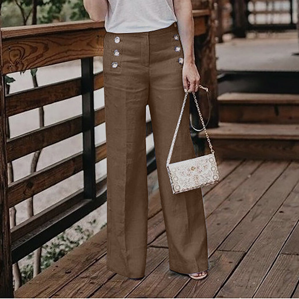 Women’s High Waist Button Wide Leg Cotton Trousers