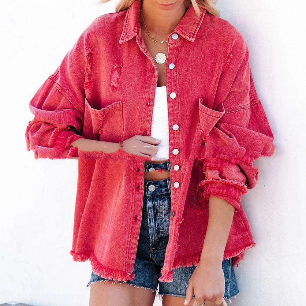 Basic Jacket Women’s Raw Hem Ripped Denim Coat – Loose Fit Casual Office Jacket