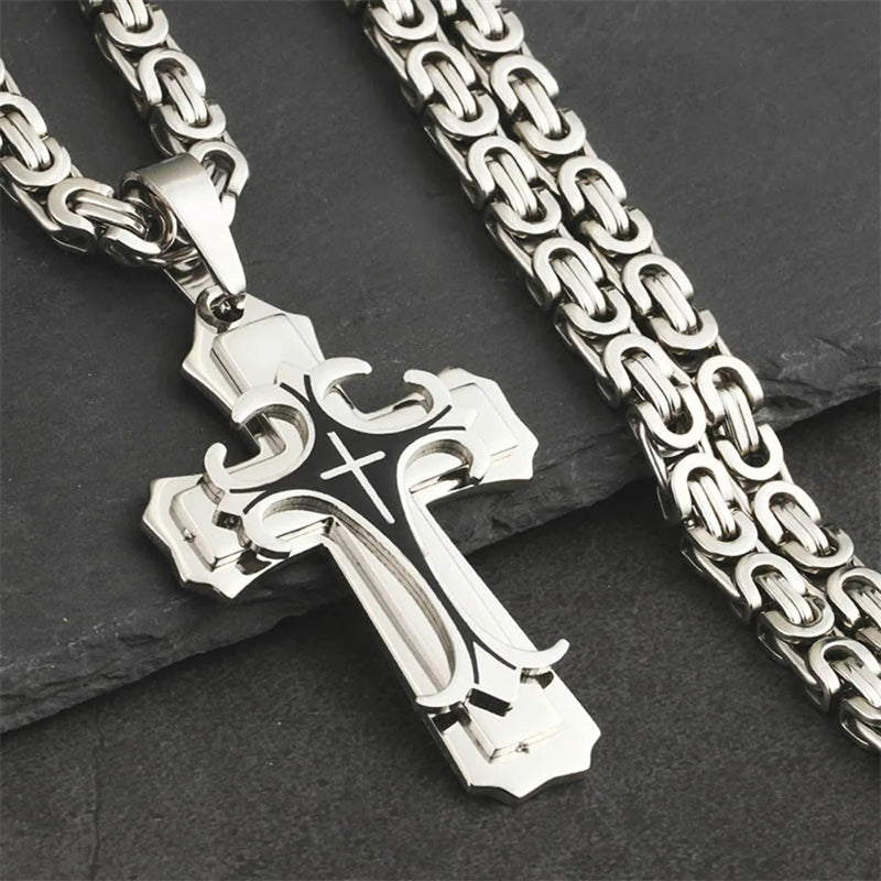 Men’s Titanium Steel Cross Necklace – Christian Trinity Latin Pendant with Emperor Chain | Gold & Silver Stainless Steel Jewellery UK