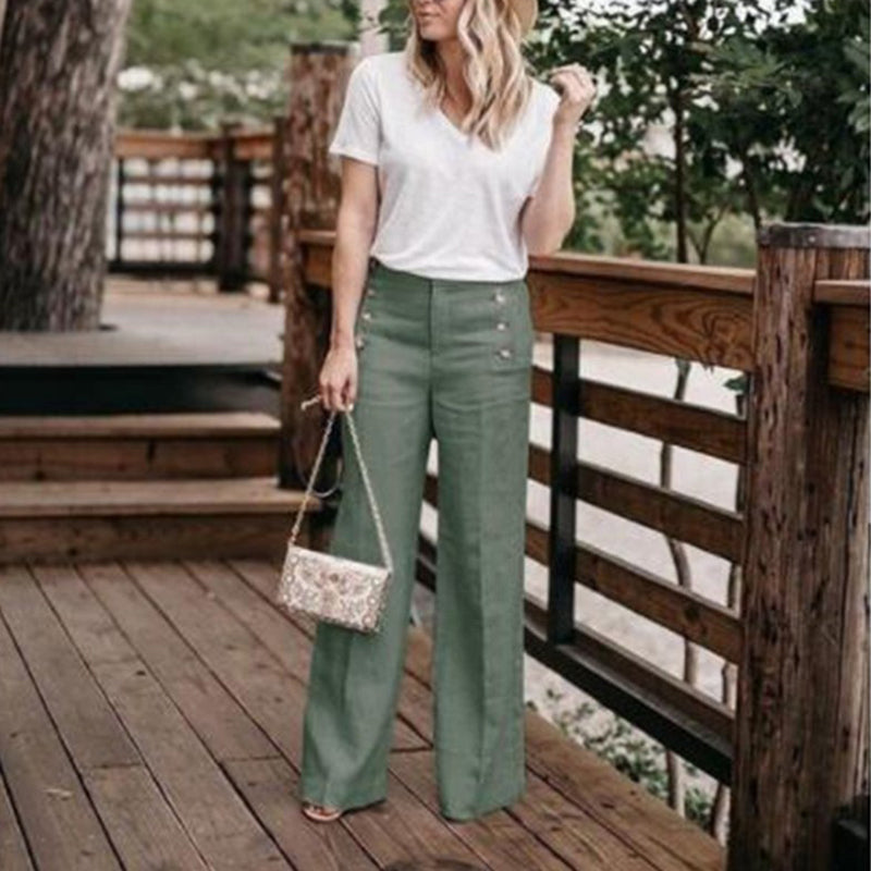 Women’s High Waist Button Wide Leg Cotton Trousers