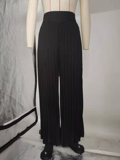 Women’s Pleated Wide Leg Trousers – Korean Style Cotton Pants (Black)
