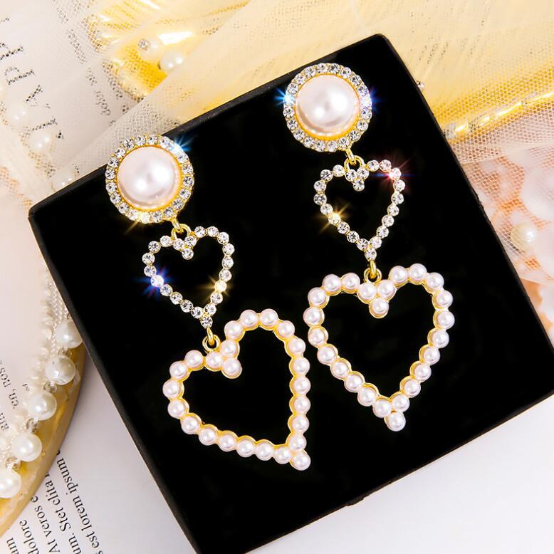 Gold Pearl Rhinestone Drop Earrings – Elegant Long Dangle Fashion Earrings for Women