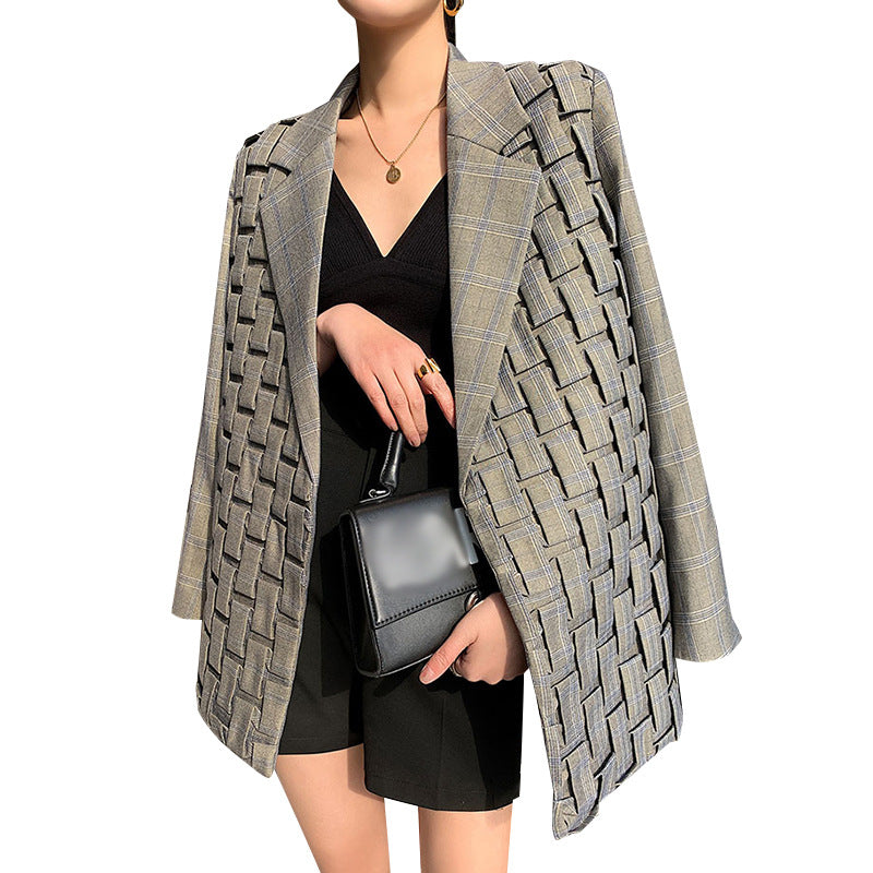 Basic Jacket Women’s Retro Plaid Suit Jacket – Loose Fit Street Style Office Jacket