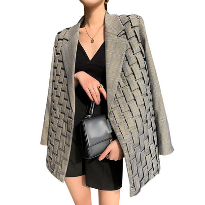 Basic Jacket Women’s Retro Plaid Suit Jacket – Loose Fit Street Style Office Jacket