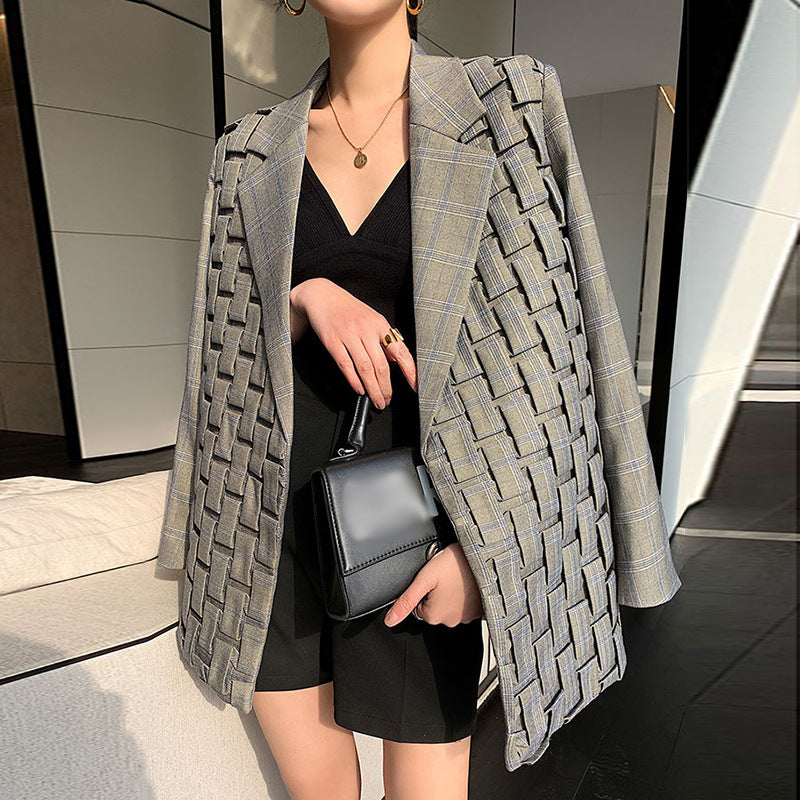 Basic Jacket Women’s Retro Plaid Suit Jacket – Loose Fit Street Style Office Jacket