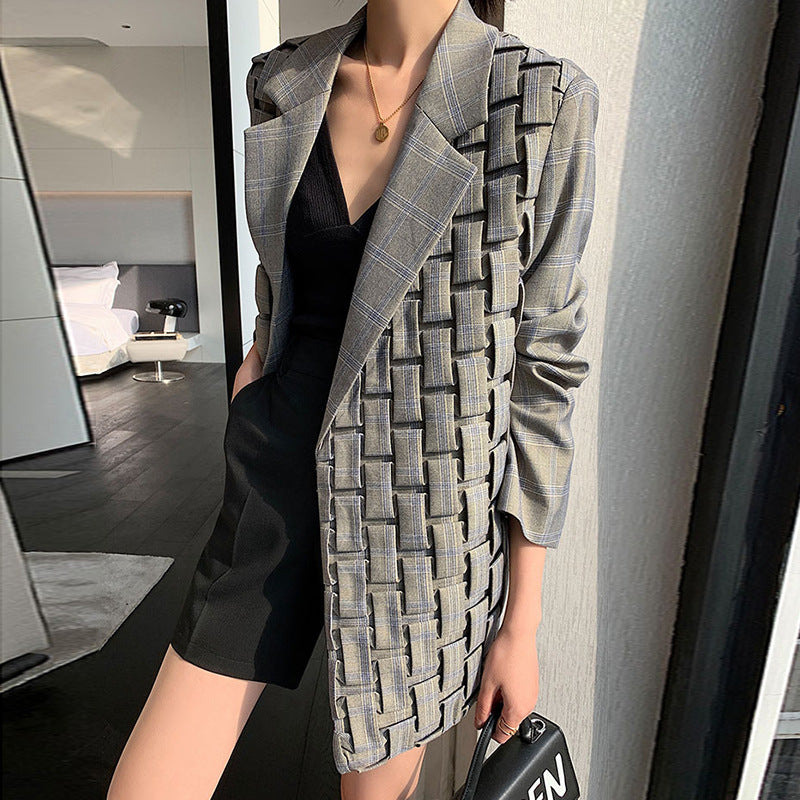Basic Jacket Women’s Retro Plaid Suit Jacket – Loose Fit Street Style Office Jacket