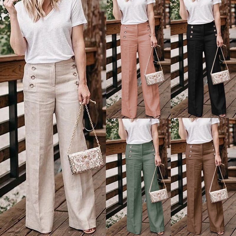 Women’s High Waist Button Wide Leg Cotton Trousers