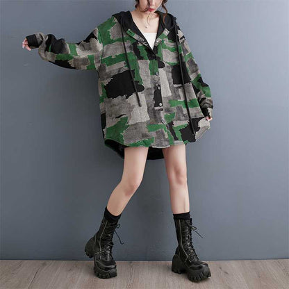 Woman Trench Camouflage Denim Jacket – Retro Loose Fit Office & Casual Coat