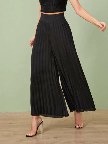 Women’s Pleated Wide Leg Trousers – Korean Style Cotton Pants (Black)