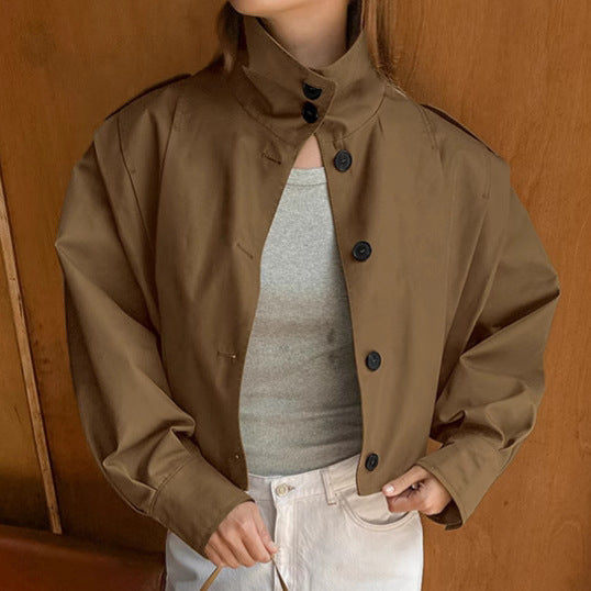 Basic Jacket Women’s Khaki Lapel Long Coat – Simple Single-Breasted Office Jacket