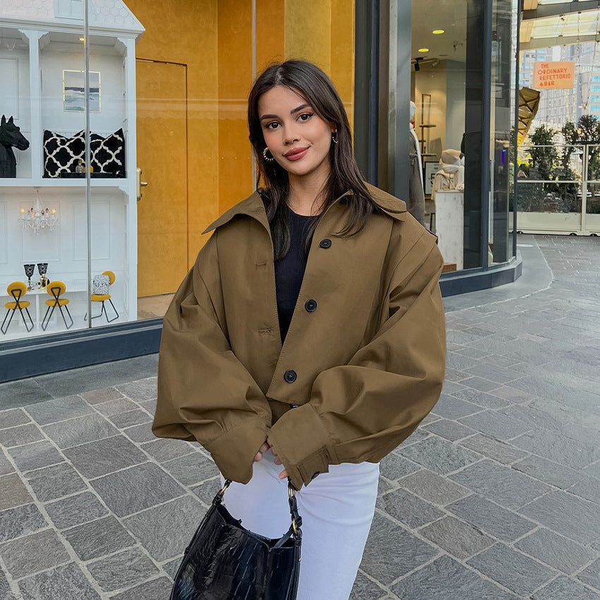 Basic Jacket Women’s Khaki Lapel Long Coat – Simple Single-Breasted Office Jacket