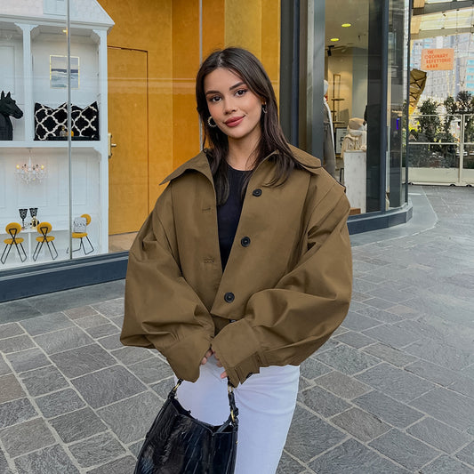 Basic Jacket Women’s Khaki Lapel Long Coat – Simple Single-Breasted Office Jacket