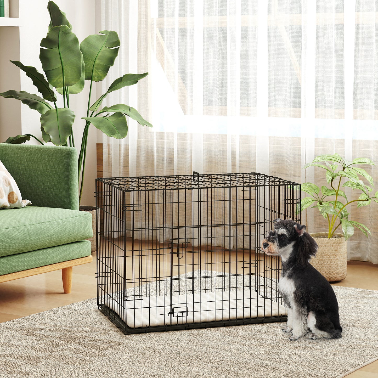 PawHut Foldable Dog Crate With 2 Doors With Tray, Soft Cushion, For Small Dogs, 76 X 53 X 60, Black