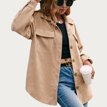 Basic Jacket Women’s Light Khaki Corduroy Lapel Cardigan – Office & Casual Long Sleeve Coat