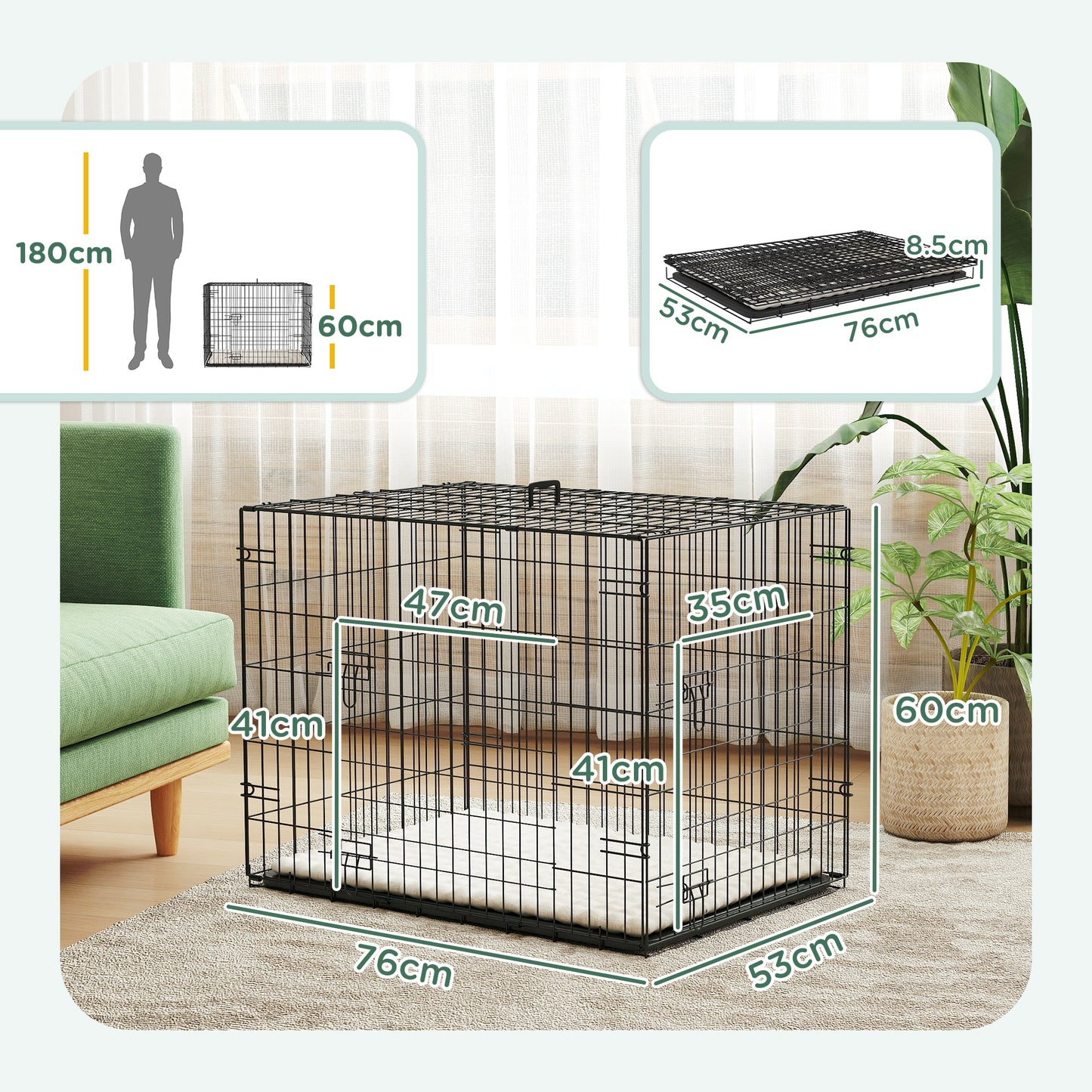 PawHut Foldable Dog Crate With 2 Doors With Tray, Soft Cushion, For Small Dogs, 76 X 53 X 60, Black