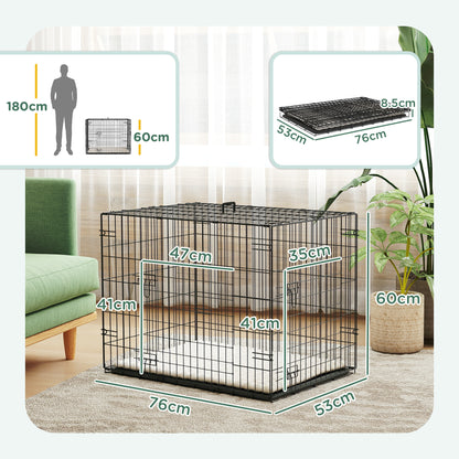 PawHut Foldable Dog Crate With 2 Doors With Tray, Soft Cushion, For Small Dogs, 76 X 53 X 60, Black