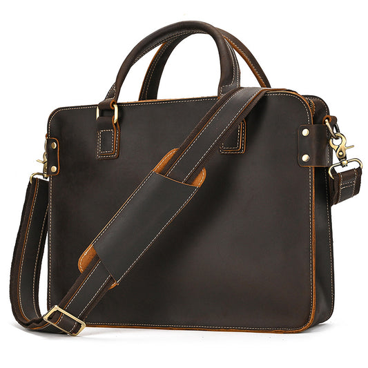 Men’s Crazy Horse Leather Briefcase – 14-Inch Genuine Leather Business Bag