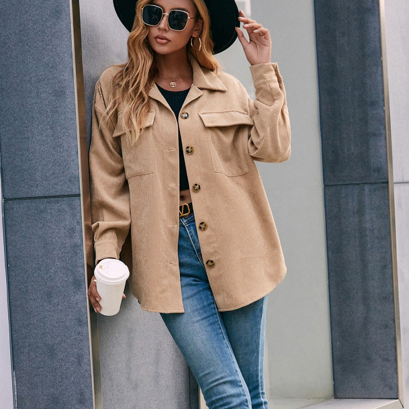 Basic Jacket Women’s Light Khaki Corduroy Lapel Cardigan – Office & Casual Long Sleeve Coat