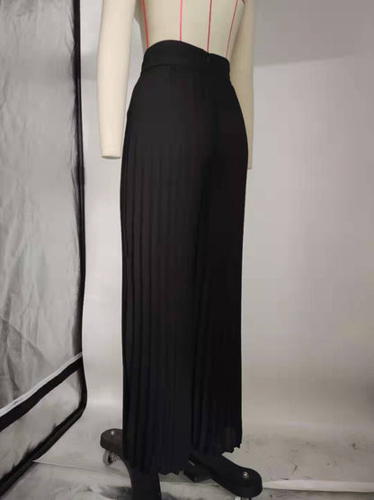 Women’s Pleated Wide Leg Trousers – Korean Style Cotton Pants (Black)
