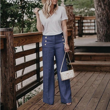 Women’s High Waist Button Wide Leg Cotton Trousers