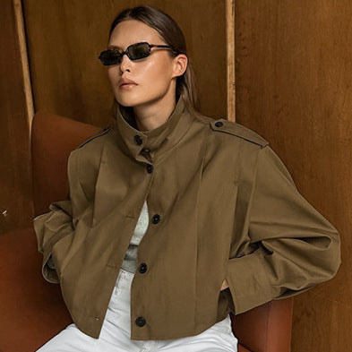 Basic Jacket Women’s Khaki Lapel Long Coat – Simple Single-Breasted Office Jacket
