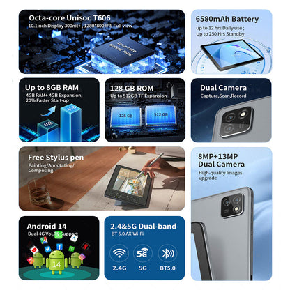 Laptops G-Tab T11 10.1 Inch Android 14 Tablet 8GB RAM 128GB ROM 4G Dual SIM IPS Display UK