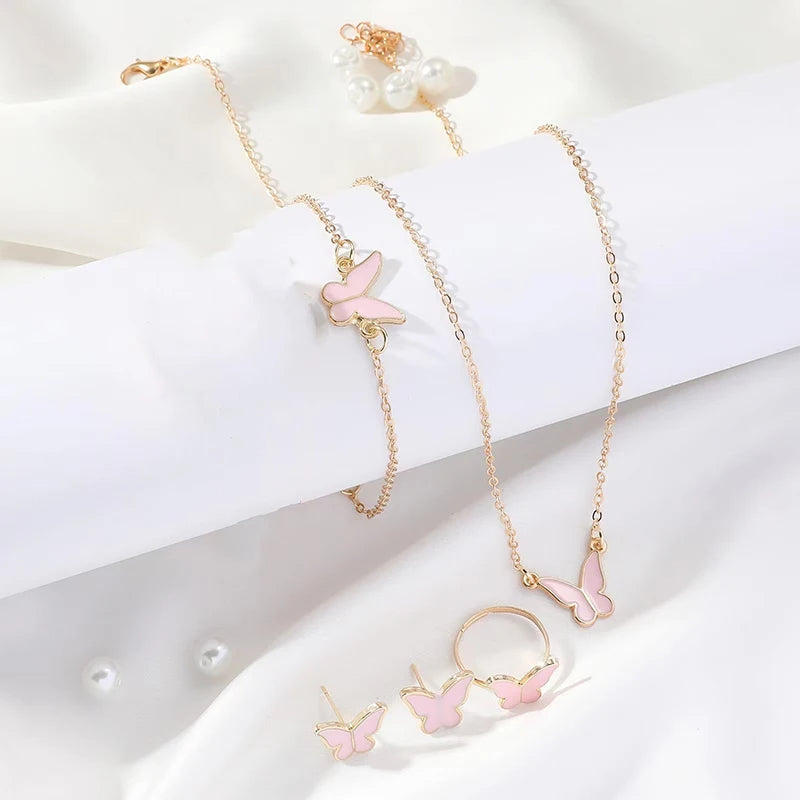 5PCS Butterfly Jewellery Set for Women – Necklace, Earrings, Ring & Bracelet | Bridal Wedding Party Gift | Gold & Silver Plated Fashion Jewellery