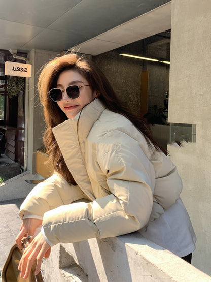 Women’s 90% White Duck Down Short Puffer Jacket – Stand Collar Winter Coat