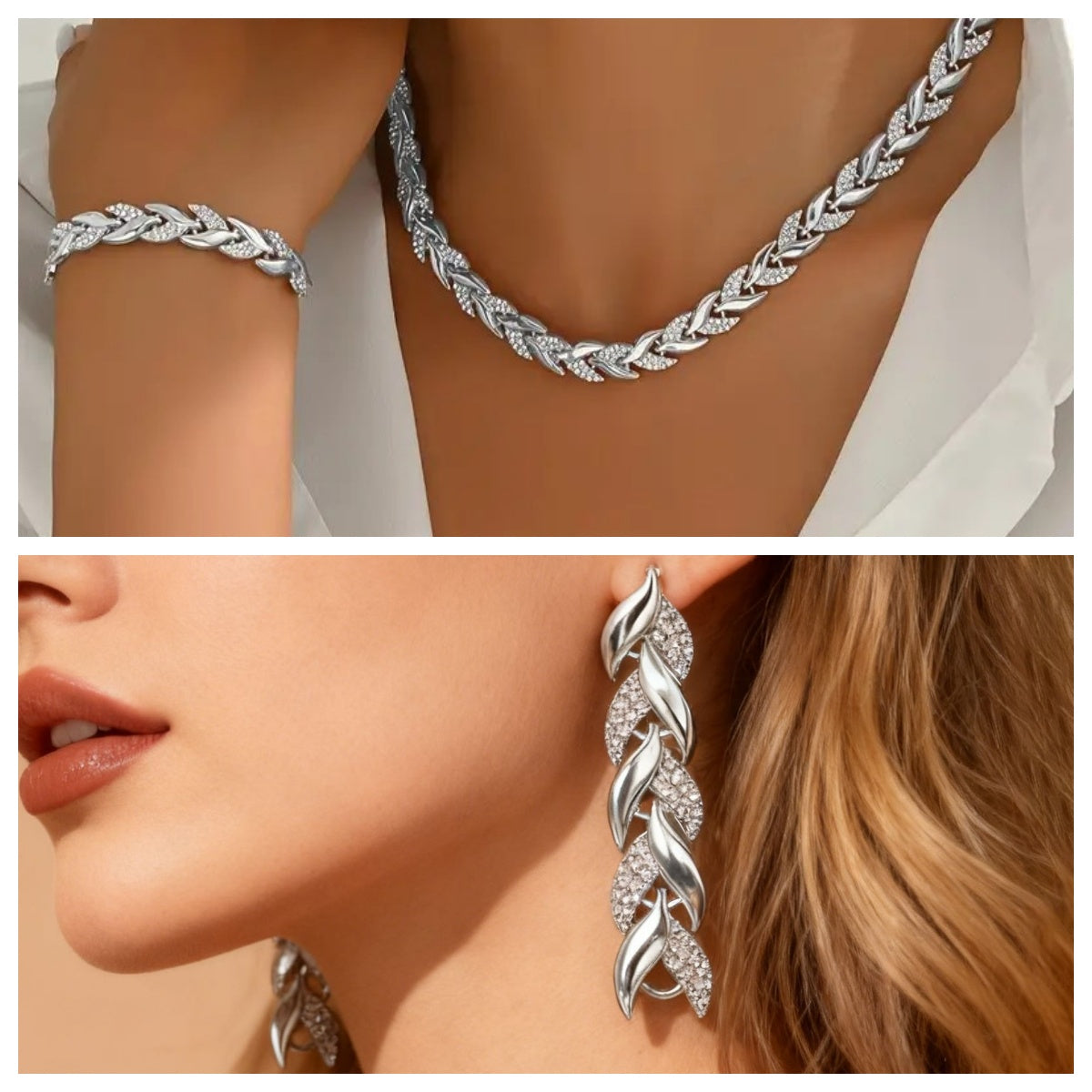 Women’s Leaf Rhinestone Necklace & Bracelet Set – Elegant Gold Jewellery Gift Set UK