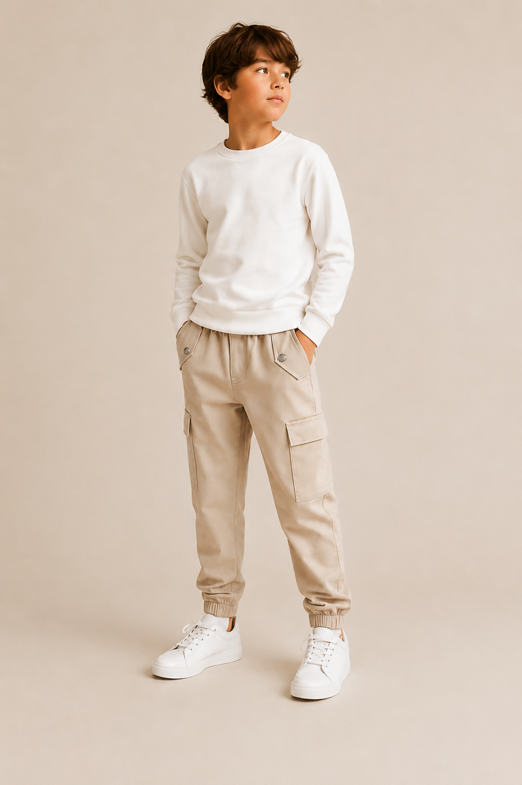Boys Beige Cargo Jogger Trousers