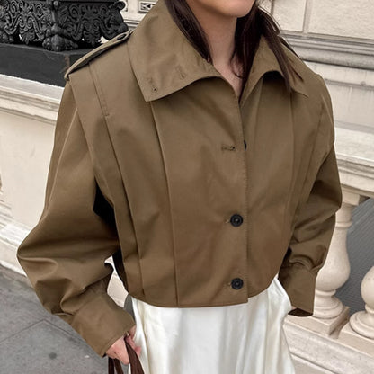 Basic Jacket Women’s Khaki Lapel Long Coat – Simple Single-Breasted Office Jacket