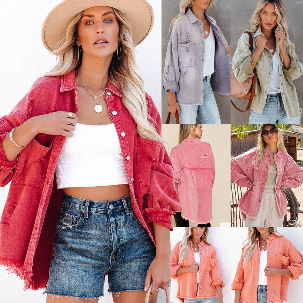 Basic Jacket Women’s Raw Hem Ripped Denim Coat – Loose Fit Casual Office Jacket