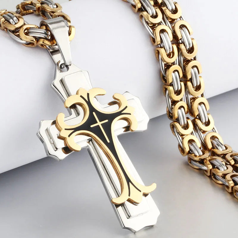 Men’s Titanium Steel Cross Necklace – Christian Trinity Latin Pendant with Emperor Chain | Gold & Silver Stainless Steel Jewellery UK