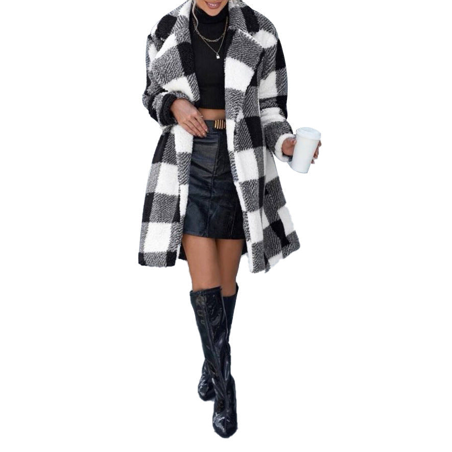 Women’s Plaid Lapel Long Coat – Loose Non-Buckle Trench Overcoat