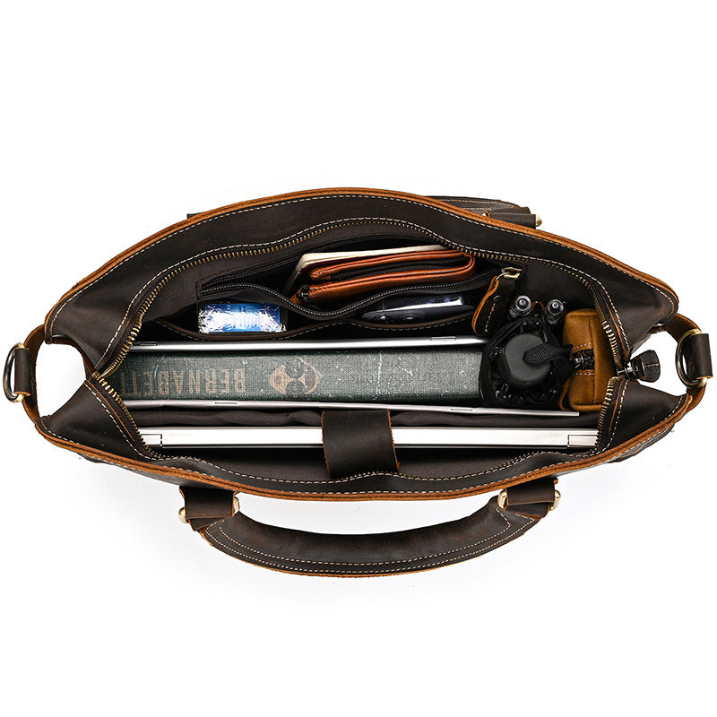 Men’s Crazy Horse Leather Briefcase – 14-Inch Genuine Leather Business Bag