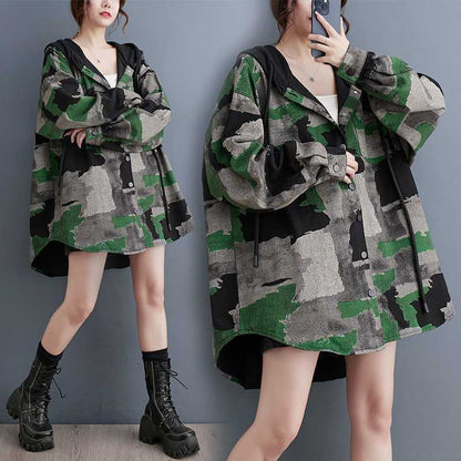 Woman Trench Camouflage Denim Jacket – Retro Loose Fit Office & Casual Coat