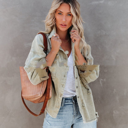 Basic Jacket Women’s Raw Hem Ripped Denim Coat – Loose Fit Casual Office Jacket