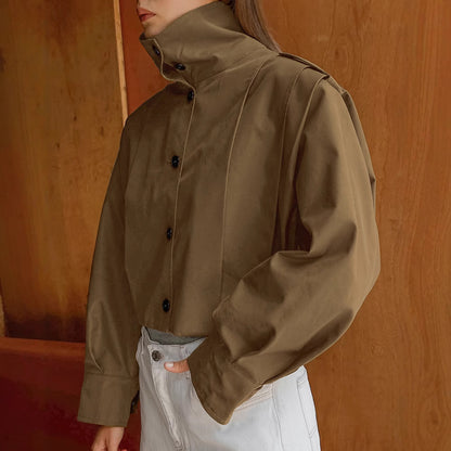 Basic Jacket Women’s Khaki Lapel Long Coat – Simple Single-Breasted Office Jacket
