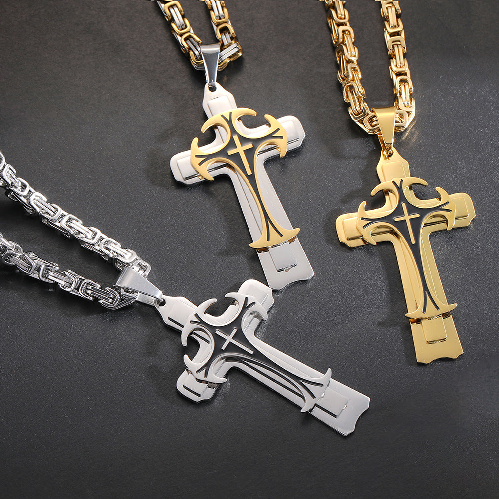 Men’s Titanium Steel Cross Necklace – Christian Trinity Latin Pendant with Emperor Chain | Gold & Silver Stainless Steel Jewellery UK