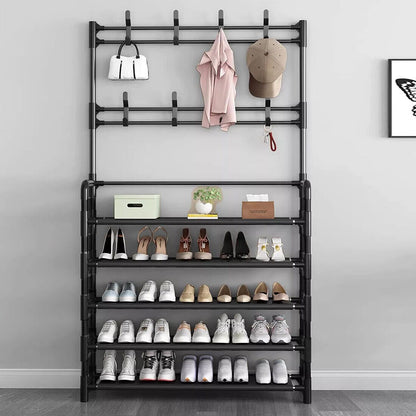 New Coat And Hat Stand 8 Hooks Metal Shoe Rack 5 Tiers Shelf Hanger Black UK