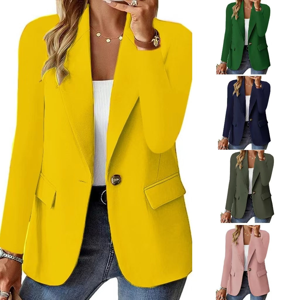 Yellow blazer with a grid of other color options on a white background