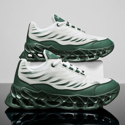 Green and white sneakers on a reflective surface with a gray background