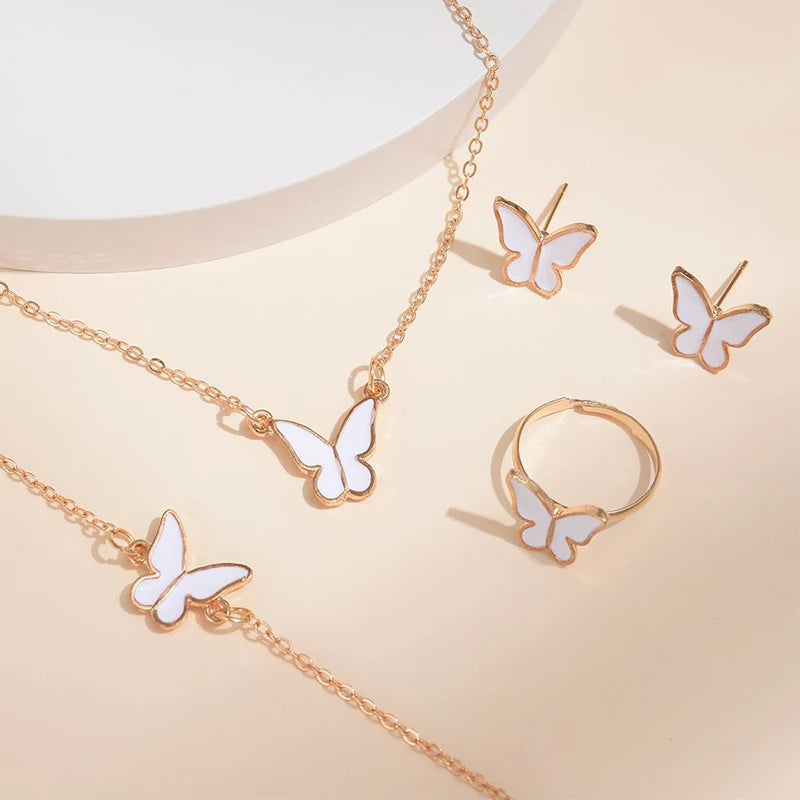 5PCS Butterfly Jewellery Set for Women – Necklace, Earrings, Ring & Bracelet | Bridal Wedding Party Gift | Gold & Silver Plated Fashion Jewellery