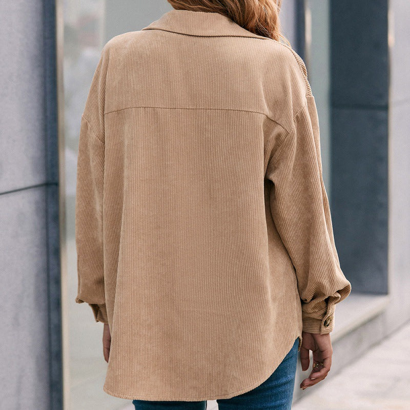 Basic Jacket Women’s Light Khaki Corduroy Lapel Cardigan – Office & Casual Long Sleeve Coat