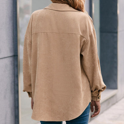 Basic Jacket Women’s Light Khaki Corduroy Lapel Cardigan – Office & Casual Long Sleeve Coat